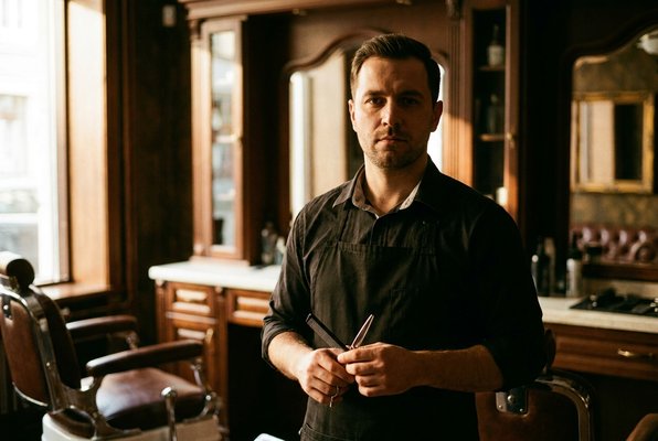 James Whitfield, senior barber, holding scissors and comb in the shop