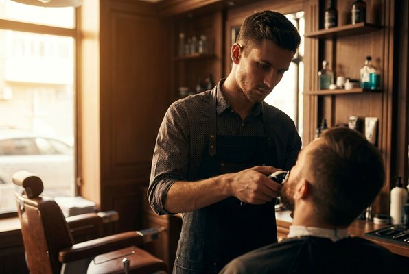 Marco Reyes, barber, trimming a client's beard with focused precision