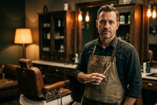 Deon Hargrove, barber, holding a straight razor in the vintage shop setting