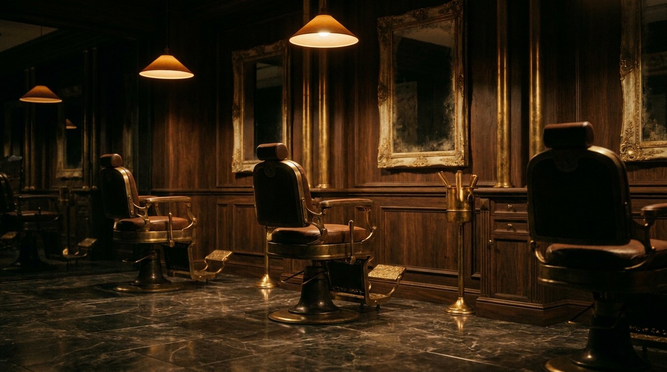 The Meridian Barber Co. shop interior — leather chairs, brass fittings, warm evening light The Meridian Barber Co. shop interior — leather chairs, brass fittings, warm evening light