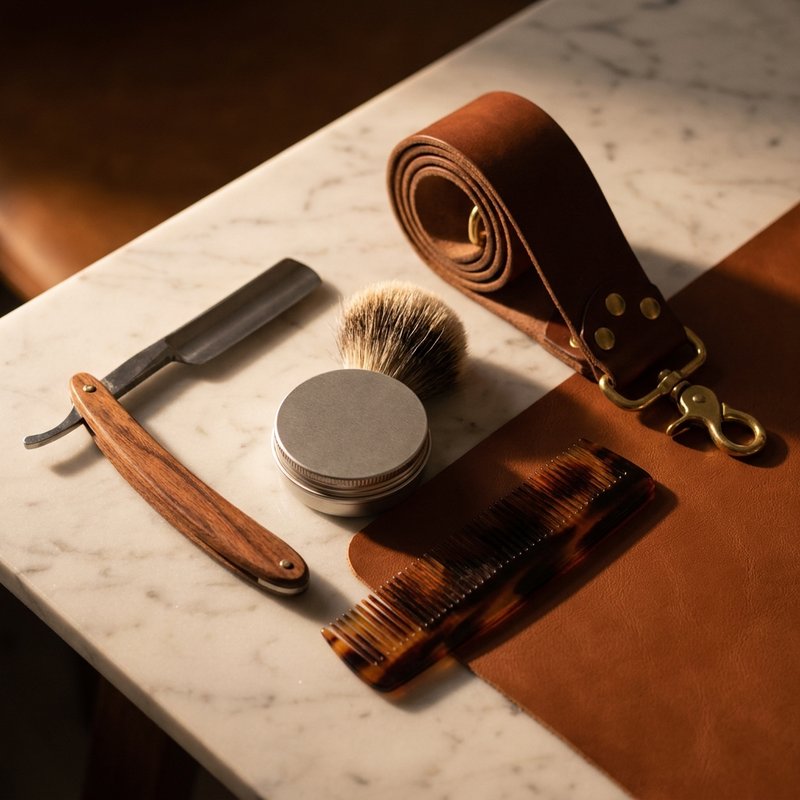 Premium grooming tools on marble — razor, brush, comb